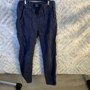 Faded navy blue cargo pants with elastic waist